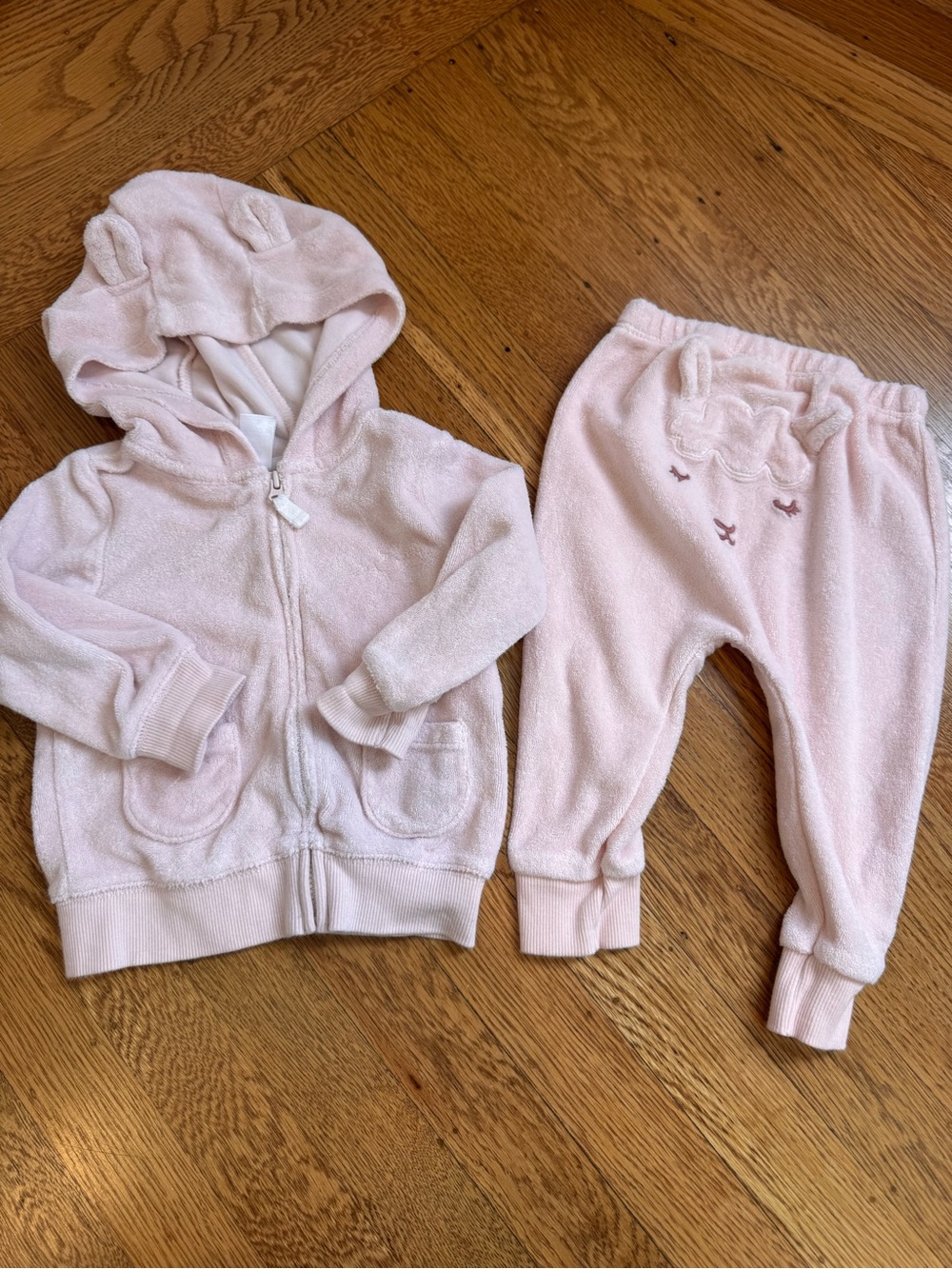 Carter’s Sz 9 mo Cozy Pink Hooded Baby Terry Sweatshirt & Pants Set - Lamb